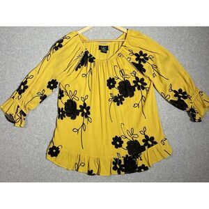 Liv Los Angeles Women's Blouse Size XL Mustard Black Floral Peplum‎ Tunic